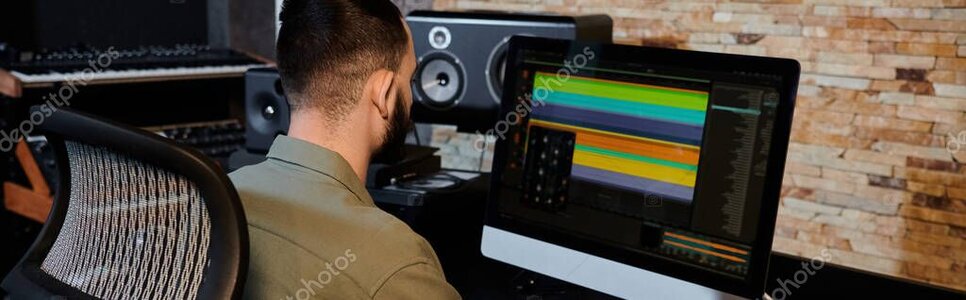 Musikproduzent arbeitet mit Kopfhörern im Studio am Mischpult